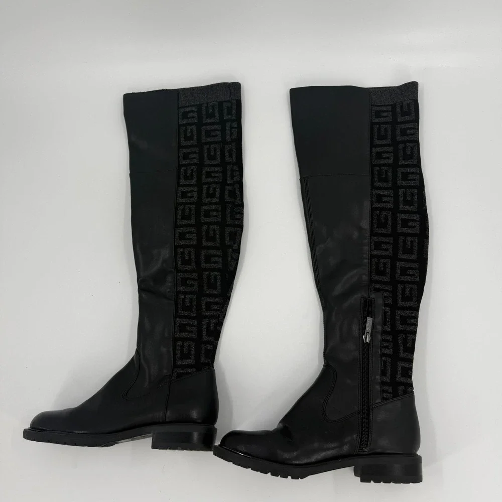 Guess Remone Knee High Boots Womens 7.5M Black Allover Logo Round Toe Side Zip